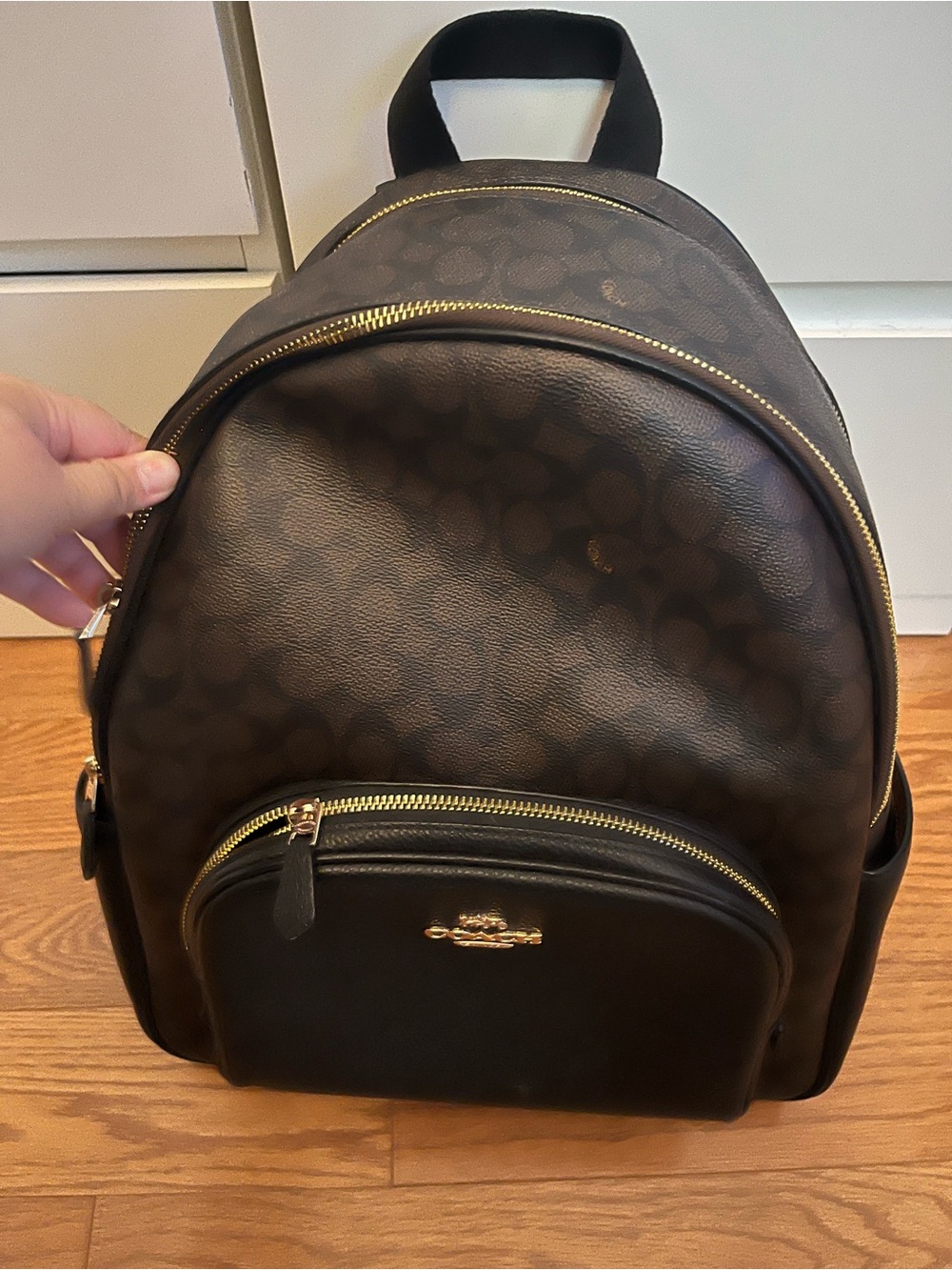 Coach Dark Brown Signature Backpack with Gold Hardware